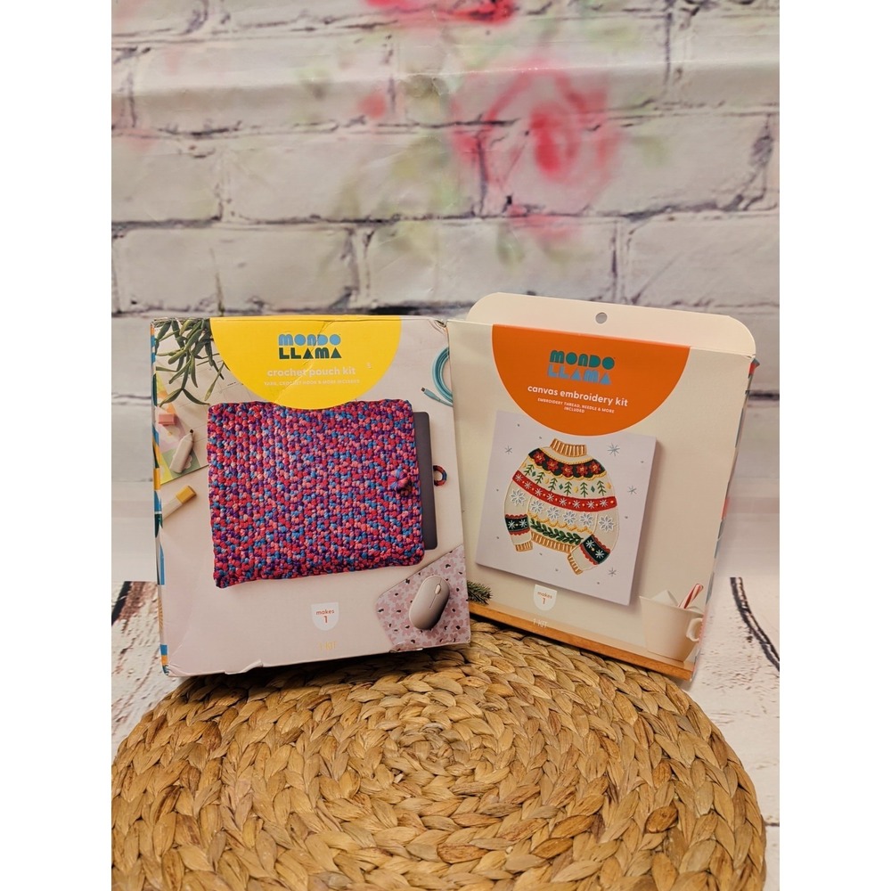 Mondo Llama Lot Of 2 Kits, ‎ Crochet Pouch Kit And Canvas Embroidery Kit